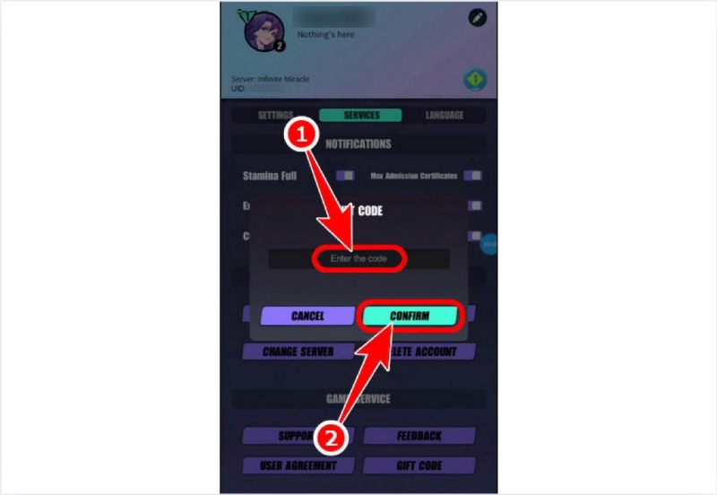 Nhập mã quà tặng vào ô “Enter the code” và bấm “Confirm” trong game.