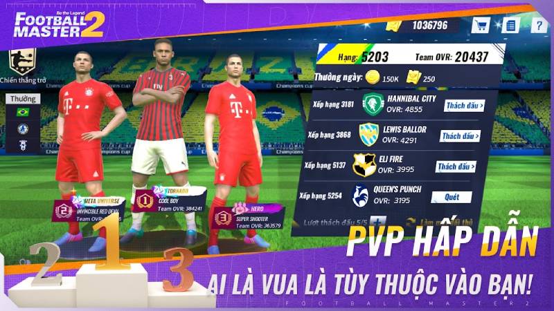 Giao diện thi đấu PvP trong game Football Master 2.