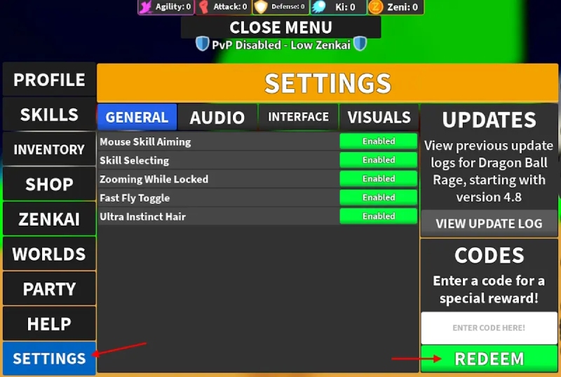 Vào tab Settings rồi nhập code vào ô và nhấn “Redeem” để đổi quà