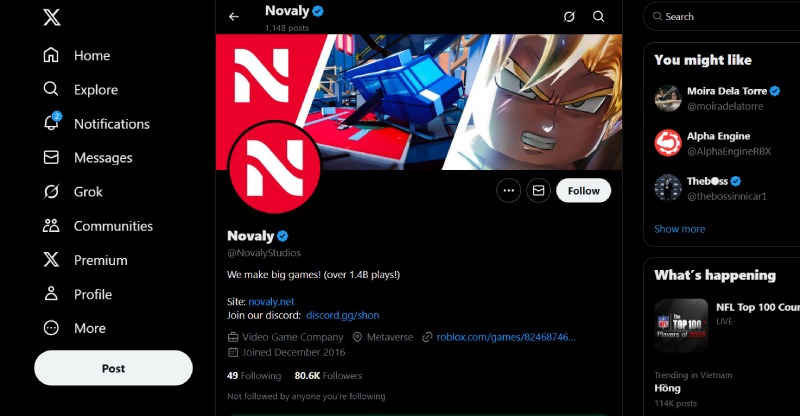 Giao diện Twitter chính thức của Novaly Studios