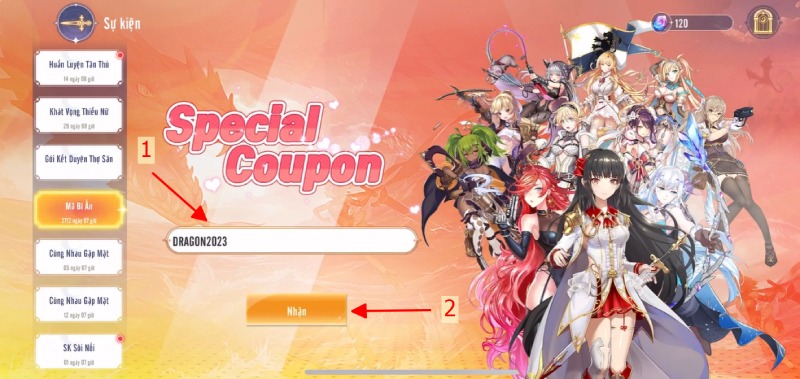 Giao diện nhập mã code trong mục “Mã Bí Ẩn” của Dragon Waifu