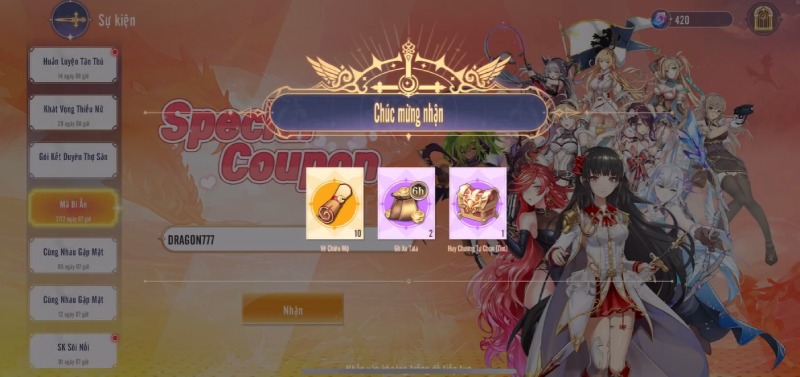 Giao diện thông báo nhận quà từ mã code DRAGON777