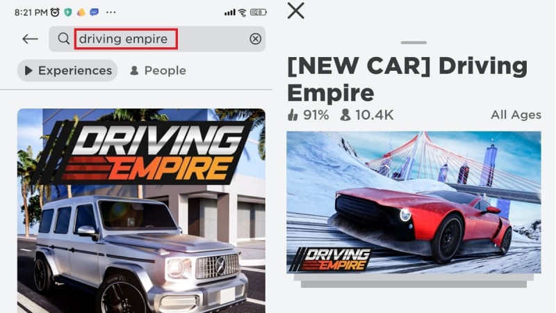Giao diện tìm kiếm “Driving Empire” trên Roblox