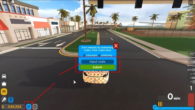 Giao diện nhập mã code trong Driving Empire với nút "Input code"