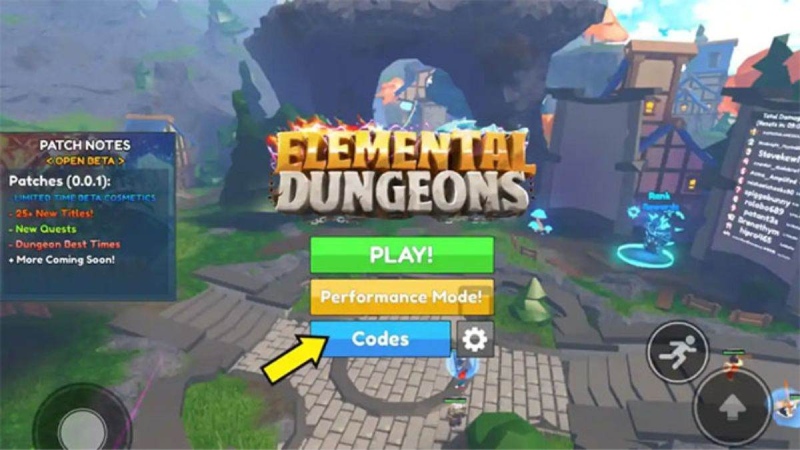 Chọn mục codes trên thanh menu trong Elemental Dungeons