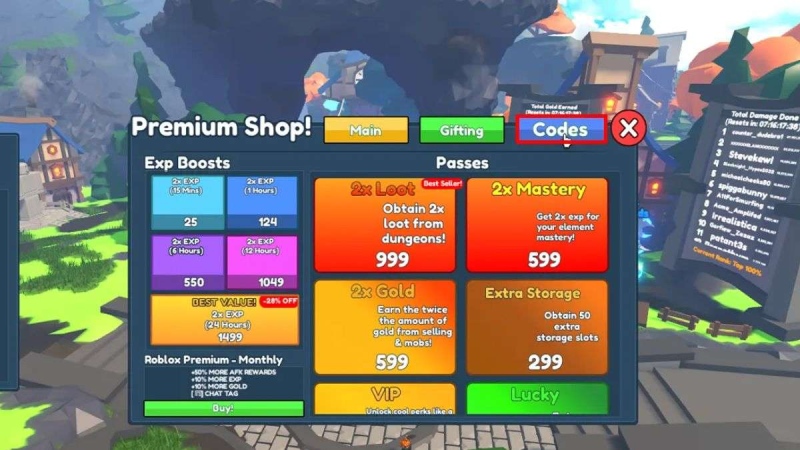  Trong cửa sổ Premium Shop, bấm vào biểu tượng Codes trong Elemental Dungeons