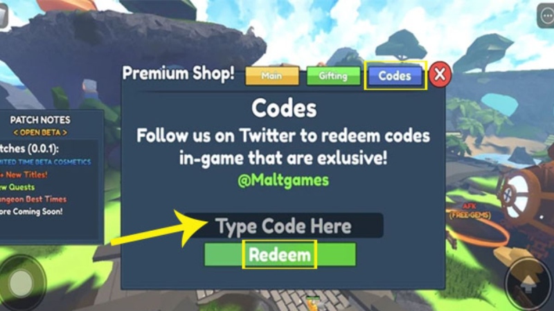 Nhập mã code và chọn redeem trong Elemental Dungeons