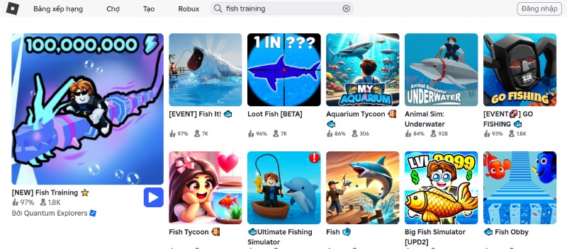 Trang tìm kiếm Roblox hiển thị game Fish Training và các trò chơi liên quan.