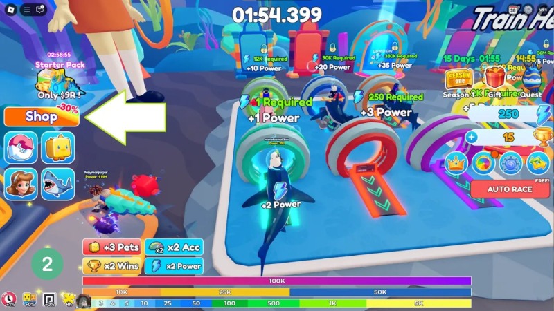 Khu vực đua cá trong game Fish Training với các vòng yêu cầu sức mạnh
