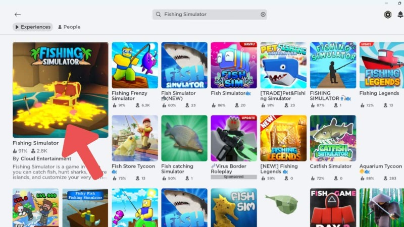 Màn hình tìm kiếm và chọn game "Fishing Simulator" trong Roblox