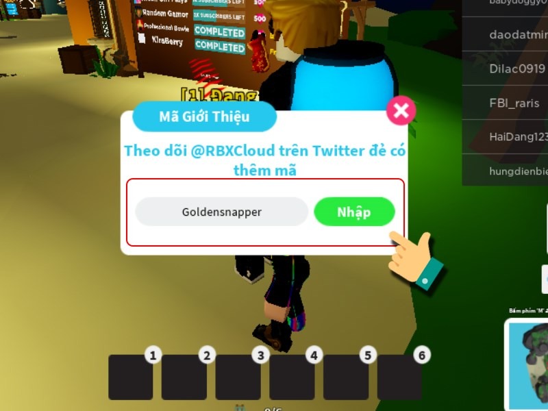 Giao diện nhập mã giới thiệu "Goldensnapper" trong Fishing Simulator.