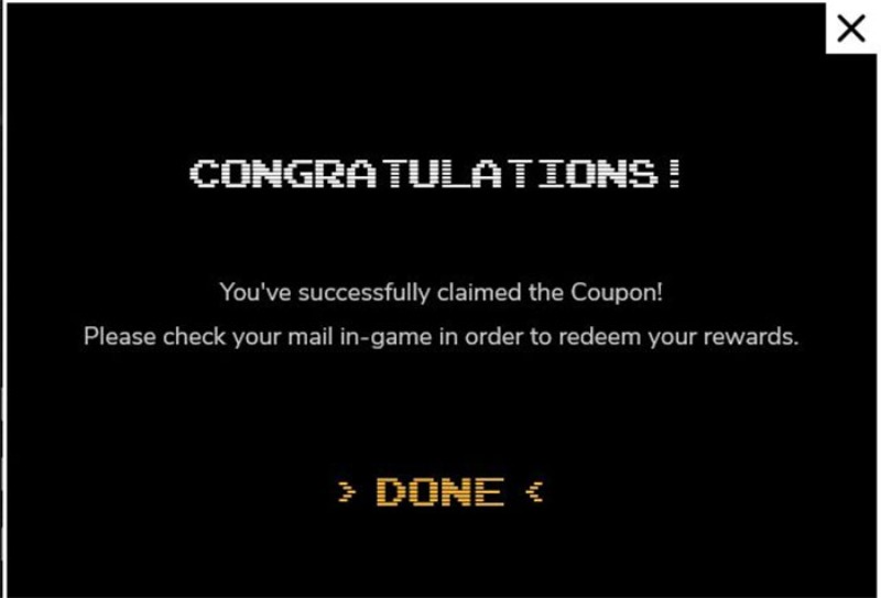 Thông báo nhận coupon thành công trong game.