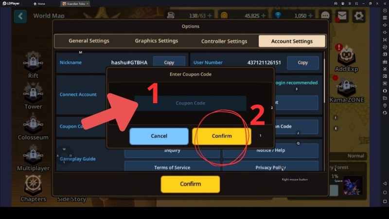 Giao diện điền mã coupon và xác nhận trong Guardian Tales.