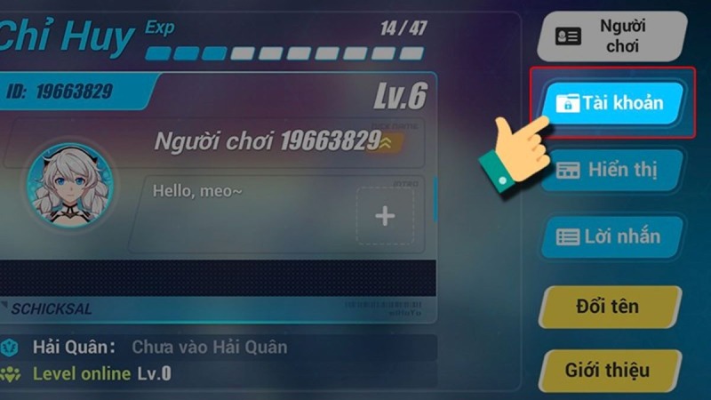 Trong Menu, chọn mục tài khoản
