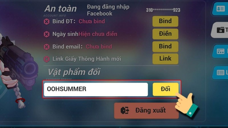  Nhập mã code bạn đang có vào ô đổi thưởng