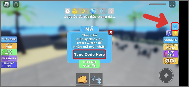 Nhấn vào nút “Codes” bên phải màn hình để mở ô nhập mã thưởng
