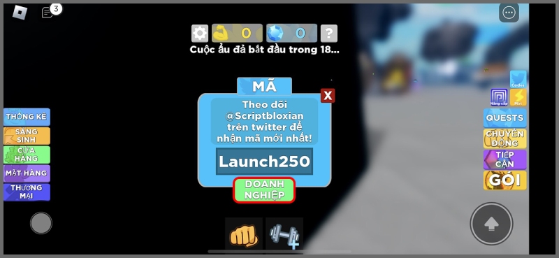 Ví dụ nhập mã Launch250 trong giao diện đổi code của Muscle Legends