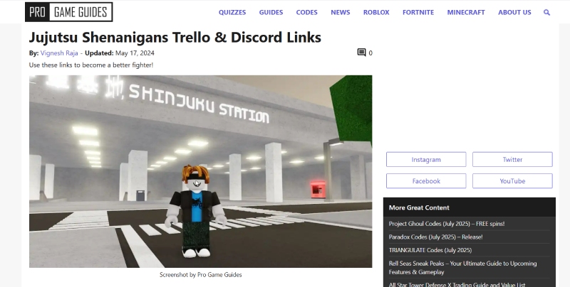 Trang web chia sẻ link Trello và Discord của game Jujutsu Shenanigans
