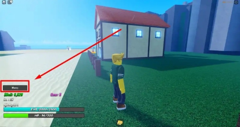 Nhân vật Roblox đứng gần ngôi nhà với mũi tên chỉ mục "Menu"