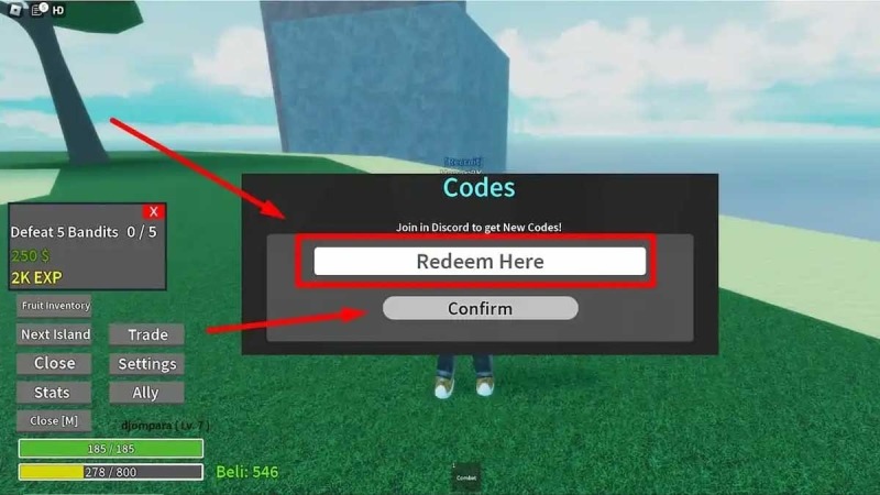  Giao diện nhập và xác nhận mã code trong game Roblox