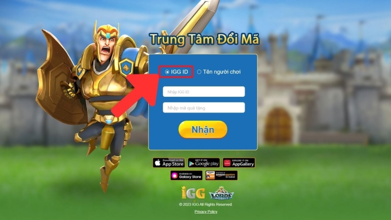 Chọn “IGG ID” tại trang đổi mã để nhập ID và nhận thưởng