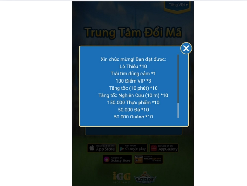 Thông báo phần thưởng nhận được sau khi nhập mã thành công