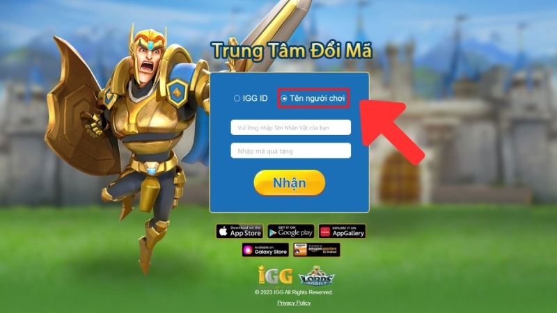 Tại trang đổi mã, chọn mục “Tên người chơi” để nhập thông tin
