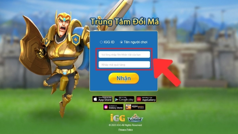 Điền tên nhân vật và mã quà tặng để nhận phần thưởng