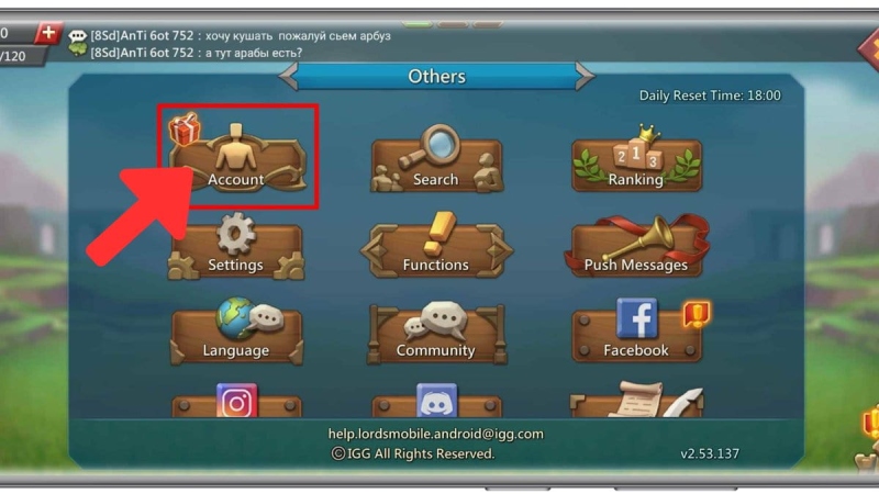 Chọn mục “Account” trong phần cài đặt để kiểm tra IGG ID