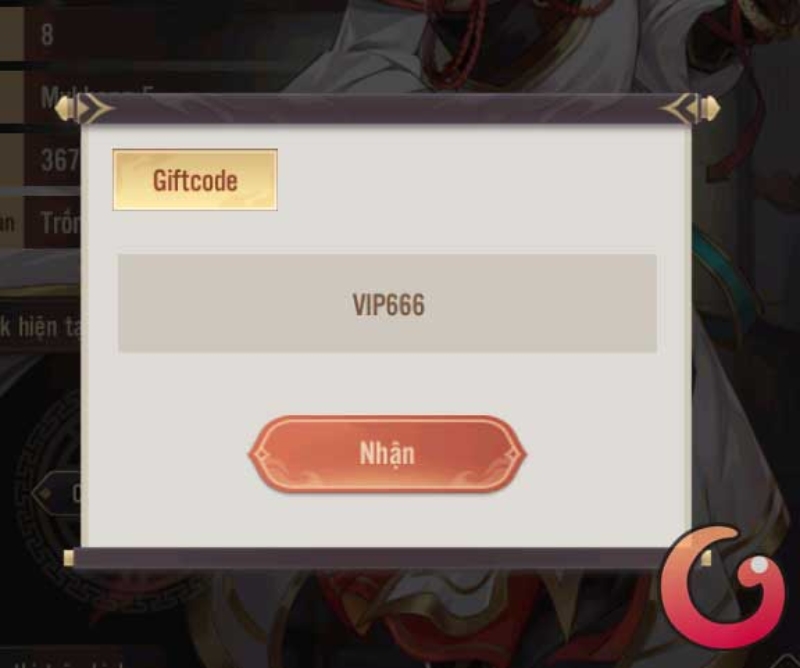 Nhập mã code như "VIP666" và bấm "Nhận" để nhận phần thưởng