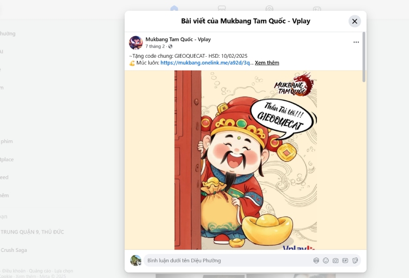 Bài đăng Facebook tặng code chung GIEOQUECAT dịp Tết từ Vplay