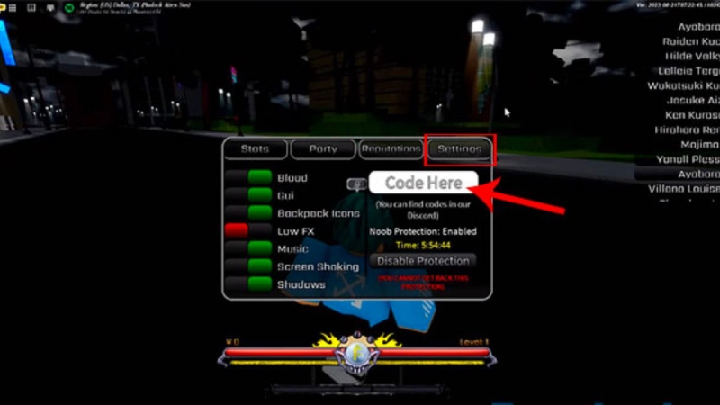 Vị trí nhập code Peroxide tại mục Settings trong game