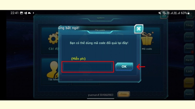 Giao diện nhập mã code để nhận quà