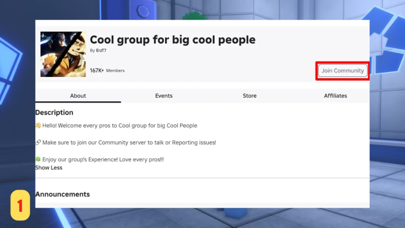 Trang nhóm Roblox có nút "Join Community" để tham gia nhận code