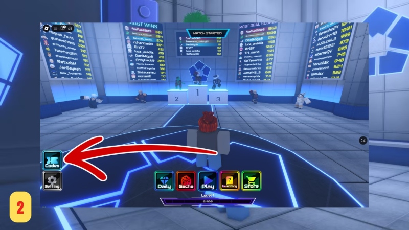 Giao diện game với mũi tên chỉ mục “Codes” ở góc trái để nhập mã