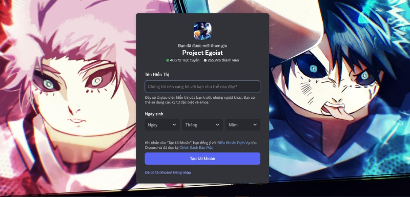 Trang Discord chính thức của Project Egoist với hơn 265.000 thành viên