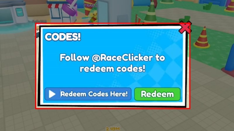 Màn hình nhập code trong game Race Clicker với nút “Redeem”.