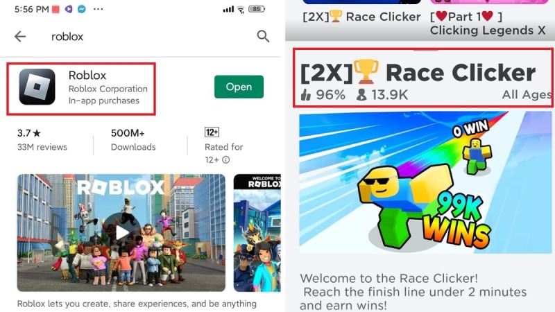 Giao diện trên Roblox của game Race Clicker