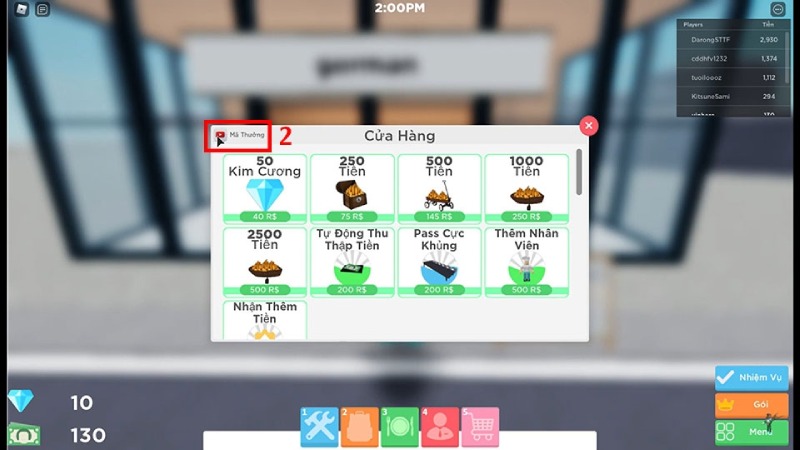 Cửa hàng bán vật phẩm và tiền trong game.