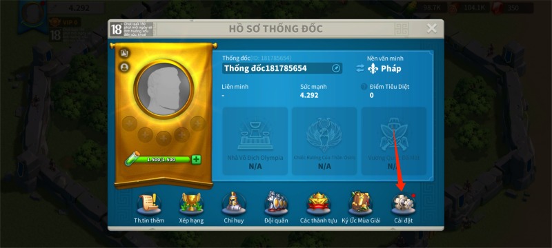 Hồ sơ thống đốc với mũi tên chỉ vào mục “Cài đặt”