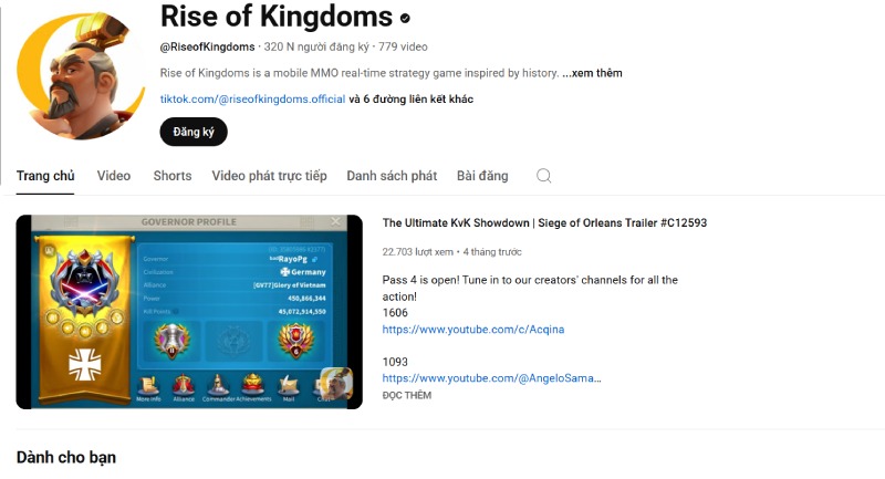 Kênh Youtube Rise of Kingdoms