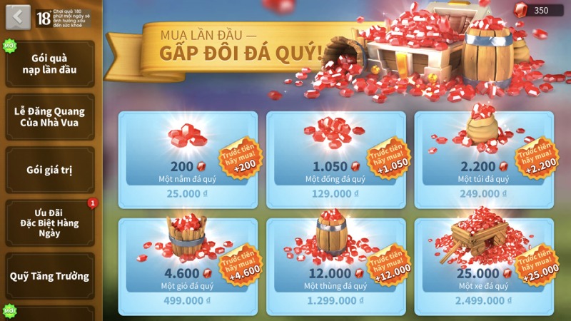 Bảng giá nạp thẻ với các gói đá quý lần đầu nhận