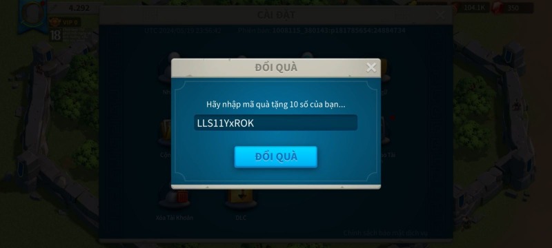 Giao diện nhập mã quà trong game Rise of Kingdoms với mã LLS11YxROK