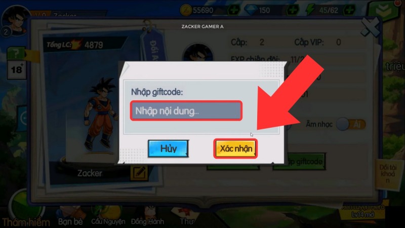Giao diện nhập code trong game