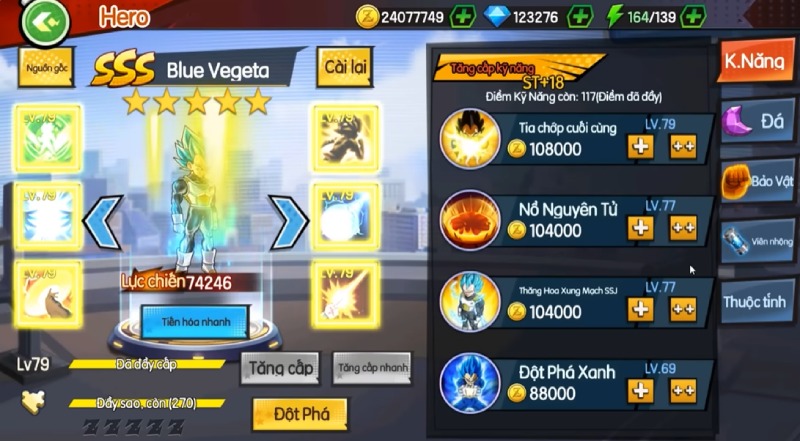 Giao diện nâng cấp kỹ năng cho nhân vật trong game