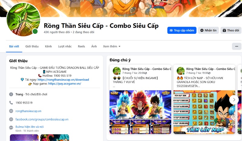 Trang Facebook chính thức của game Rồng Thần Siêu Cấp