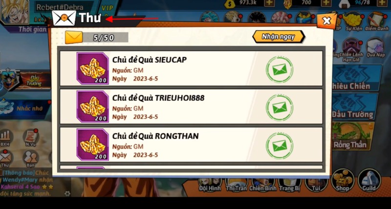 Hộp thư trong game Rồng Thần Siêu Cấp