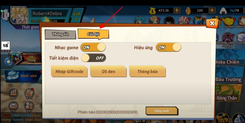 Mục cài đặt trong game Rồng Thần Siêu Cấp
