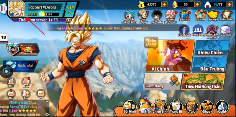 Giao diện chính trong game Rồng Thần Siêu Cấp