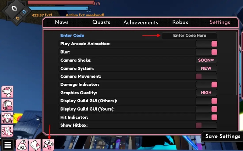 Nhập code tại tab Settings trong giao diện chính của game Sakura Stand